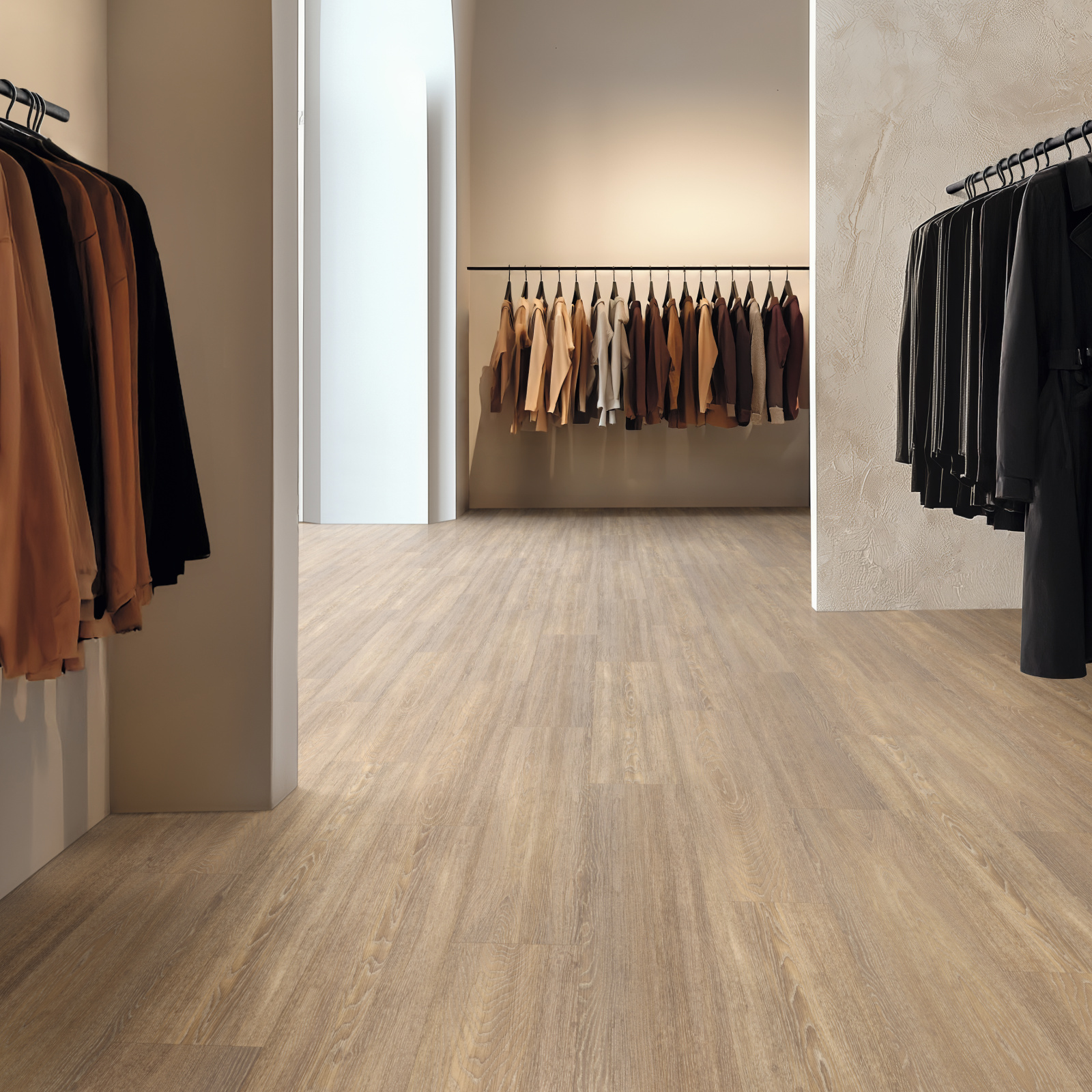 Clean looking Niveus lvp floors add sophistication to a high end clothing botique