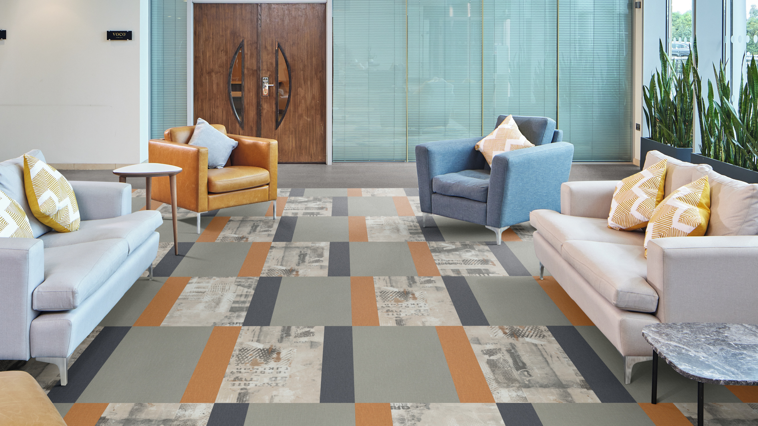Indigo SP720, Amber SP721, Chalk Grey SP725, San Marco SP729 and Umbra SP732 create an energetic pattern in a hotel lobby